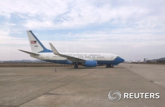 A U.S. government plane transporting Jeffrey Fowle is seen at the airport in Pyongyang