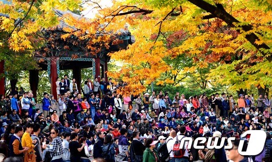 24일 오후 서울 남산을 찾은 시민들과 외국인관광객들이 가을의 정취를 만끽하며 즐거운 시간을 보내고 있다. 2014.10.24/뉴스1 © News1 박지혜 기자