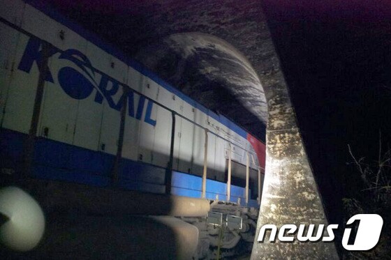 터널입구에서 멈춰서있는 열차 모습. (정선소방서 제공) / 뉴스1 © News1 서근영 기자