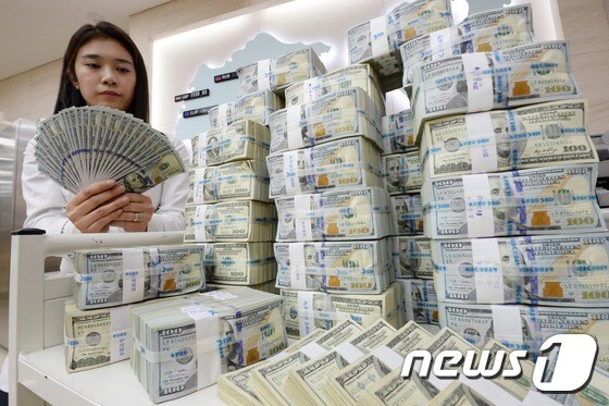  서울 중구 외환은행 본점에서 한 직원이 달러를 정리하고 있다. 2014.12.3/뉴스1 © News1 허경 기자