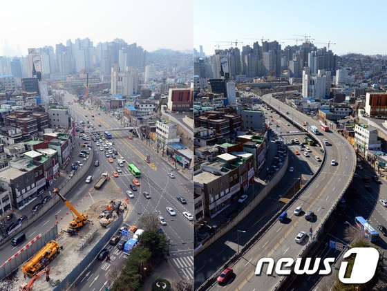 서울 아현고가도로의 마지막 구조물이 철거된 지난 3월 26일 오후 서울 마포구 충정로 세거리를 차량들이 통행하고 있다(왼쪽). 오른쪽은 철거공사가 시작되기 전 지난달 4일 촬영한 아현고가도로. 2014.3.26/뉴스1 © News1
