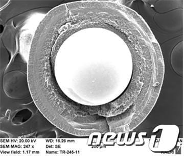 피복입자핵연료 단면 현미경 사진. 구형의 우라늄 입자를 탄소 및 탄화규소를 이용해 삼중으로 둘러싼 직경 1㎜크기의 입자형 연료. © News1