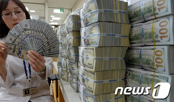 외환은행 본점에서 한 직원이 달러를 정리하고 있는 모습/뉴스1 © News1