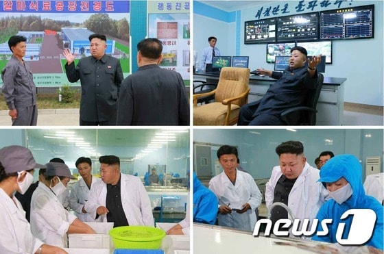 김정은 북한 노동당 제1비서가 지난 8월 식품 가공식품 공장인 갈마식료공장을 현지지도하고 있다. (노동신문) 2014.8.15/뉴스1 © News1