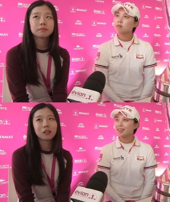 김효주(오른쪽)의 통역을 하고 있는 한연희 코치의 딸 지수.  © News1스포츠 / 유튜브 영상 캡처