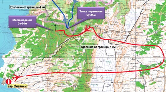 러시아가 공개한 피격 전투기의 이동 경로. 파란색 선 북쪽이 터키 영토이며 빨간색 선이 전투기의 이동 경로이다.© 뉴스1
