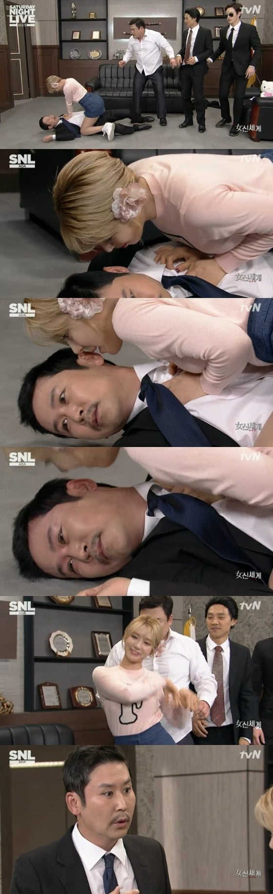 AOA 초아의 야릇한 애교로 신동엽을 홀렸다. © News1star / tvN 'SNL 코리아' 캡처