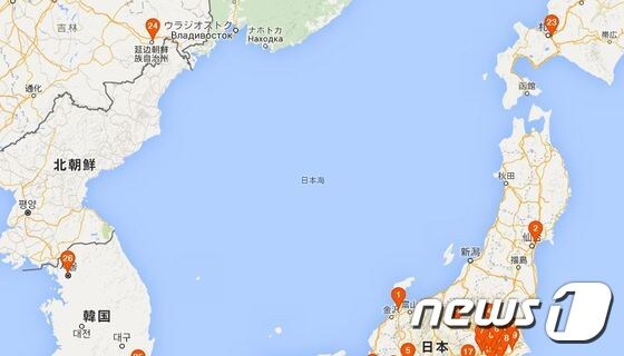 지난 8일 캡처한 나이키 일본어 홈페이지 매장 안내 지도. 동해를 '日本海'로 단독 표기하고 있다. © News1