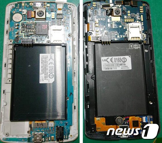 LG전자가 공개한 진짜 'G3 스마트폰'의 내부와 중국산 '짝퉁 G3'(오른쪽)의 비교 모습. 배터리와 애플리케이션 프로세서(AP) 등 내부 부품과 배치가 다르다.<span>(LG전자 제공)</span> © News1