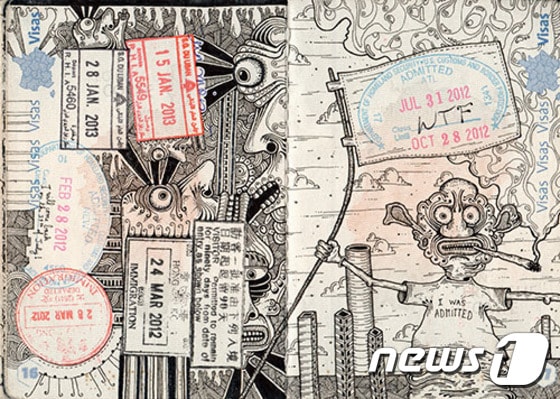 레오나드 콤비가 친구 여권에 그려준 그림. (출처: 콤비 블로그) © News1