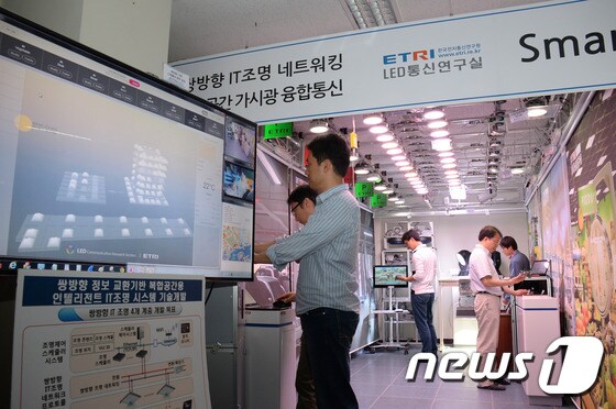 ETRI 연구진이 가시광무선통신 네크워킹 기술을 시연하고 있다.© News1