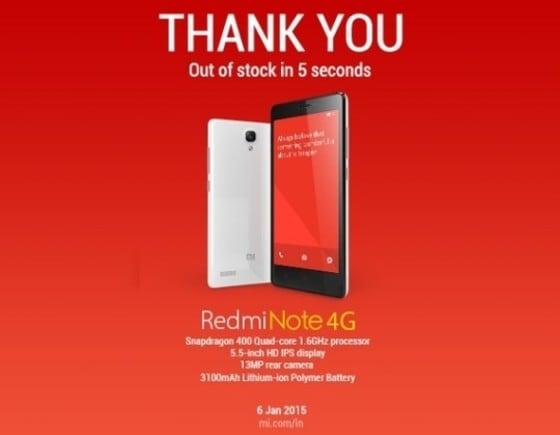지난 1월 샤오미가 인도에서 예약판매한 스마트폰 '홍미노트 4G' 5만대가 5초만에 완판됐다. © News1