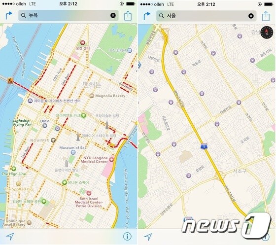 애플맵 속 뉴욕(왼쪽)과 서울의 모습. 애플은 서울 대중교통 매핑을 지원하지 않는다. © News1