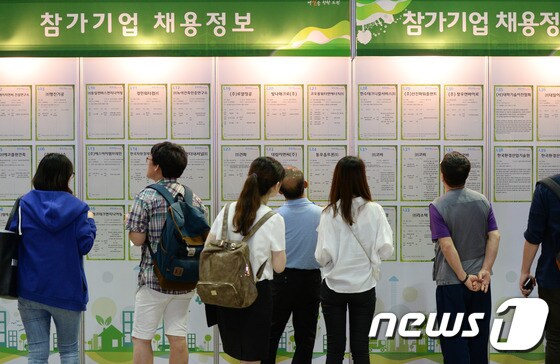 환경산업 2015 일자리박람회가 2일 오전 서울 삼성동 코엑스에서 열린 가운데 구직자들이 채용게시판을 살펴보고 있다. © News1 허경 기자