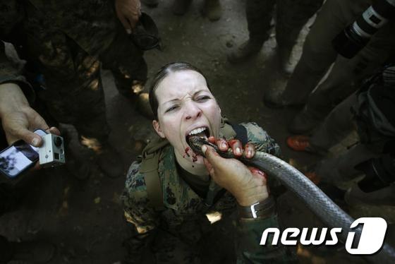 태국  '코브라 훈련'에 참가한 미  여군이 코브라의 피를 마시고 있다. ©로이터= News1