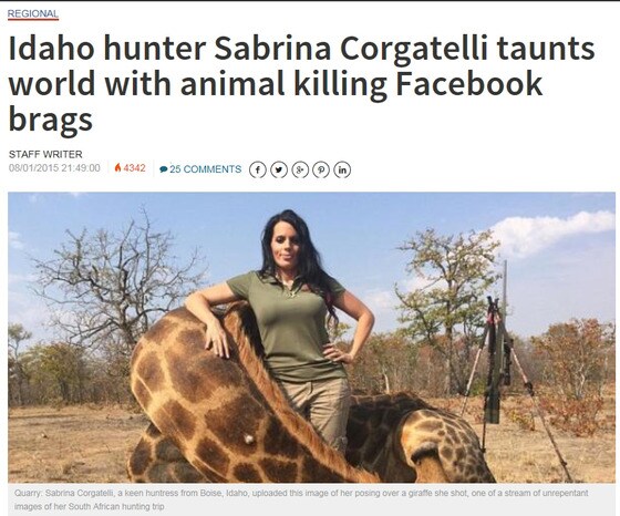 미국 보스턴뉴스타임스 등 외신들은 야생 동물을 밀렵한 인증 사진을 자신의 소셜네트워크 서비스(SNS)에 당당히 게시한 '사브리나 코가델리(Sabrina Corgatelli)에 대해 보도했다.(사진 보스턴뉴스타임스 해당 기사 캡처)© News1