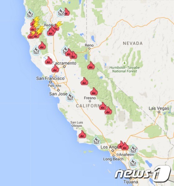 캘리포니아 전역에서 발생한 화재. (구글 맵) © News1