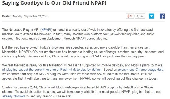 2013년 9월 크롬 블로그에 게재된 NP API 지원을 중단한다는 공지.(사진=크롬 블로그)© News1