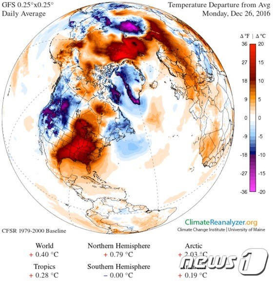 26일(현지시간) 북반구 기온 분포. 빨간색 부분이 북극으로 러시아 시베리아나 북미 지역보다 더 기온이 높은 것을 확인할 수 있다. © News1