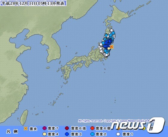 일본 후쿠시마현 앞바다에서 31일 오전 5시8분쯤 리히터규모(M) 5.6, 최대 진도 4의 지진이 발생했다. (일본 기상청 제공) © News1