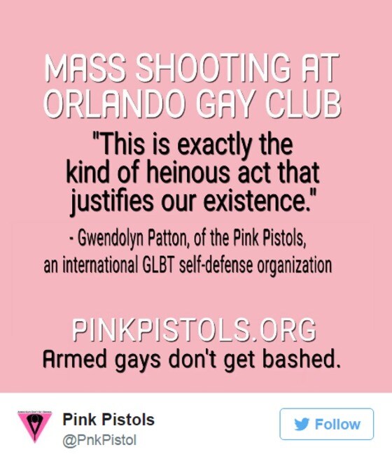 16일(현지시간) 미국 LGBT 총기애호단체 핑크피스톨스가 트위터에 '올랜도 총격, 무장한 동성애자는 공격 당하지 않는다'라고 적힌 사진을 게시했다.