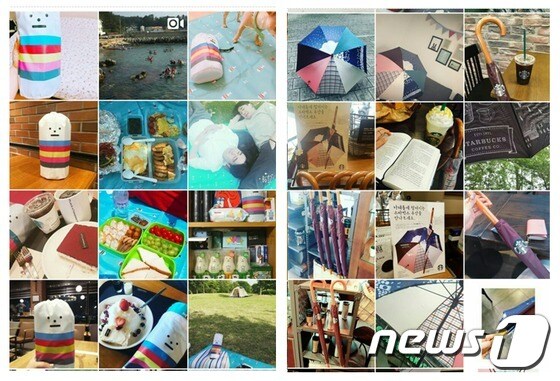 소셜미디어(SNS)인 인스타그램에 올라온 투썸플레이스의 돗자리(왼쪽)와 스타벅스 장우산의 구매 인증사진들. © News1
