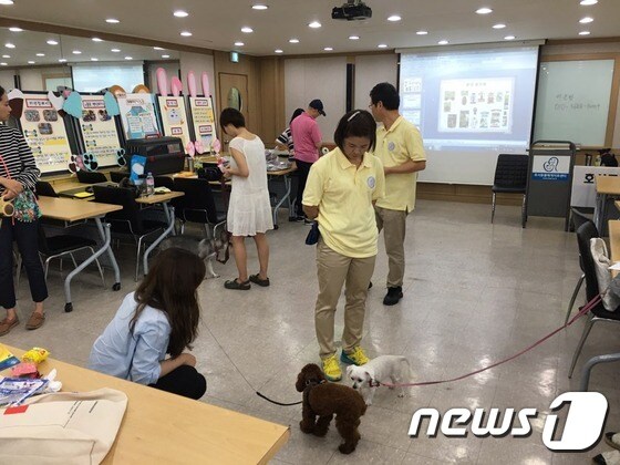 해피펫과 동물자유연대가 20일 서울호서직업전문학교에서 '반려견 사회화 교육'을 진행했다.© News1