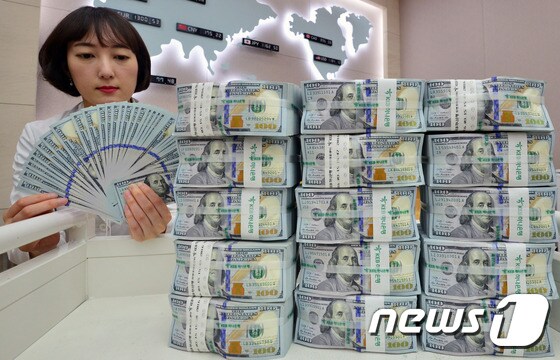 서울 명동 KEB 하나은행 본점에서 직원이 달러를 세고 있다. © News1 최현규 기자