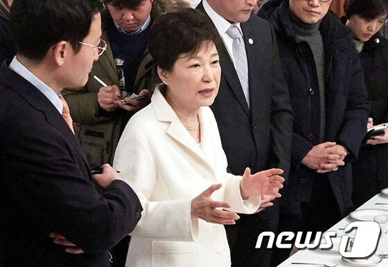 박근혜 대통령이 정유년 새해 첫날인 지난 1일 오후 청와대 상춘재에서 출입기자단과 신년 인사회를 겸한 티타임을 갖고 참석자들의 질문에 답하고 있다.(청와대 제공)/뉴스1 © News1 이광호 기자