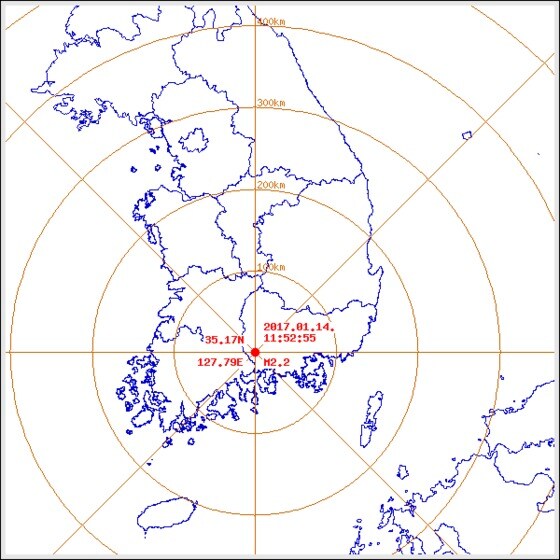 14일 오전 11시52분55초 경남 하동군 북북동쪽 12km 지역에서 규모 2.2의 지진이 발생.(기상청 제공)© News1
