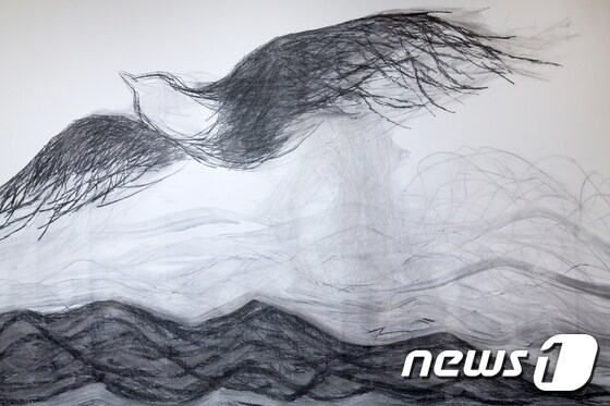 허윤희_새-경계를 넘어, 2017, 벽면에 목탄, 가변크기 (금호미술관 제공) © News1