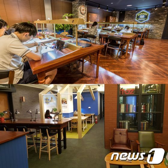 서울시내 위치한 프리미엄 독서실에서 이용자들이 공부하고 있다. (프리미엄 독서실 작심 제공(위쪽))© News1