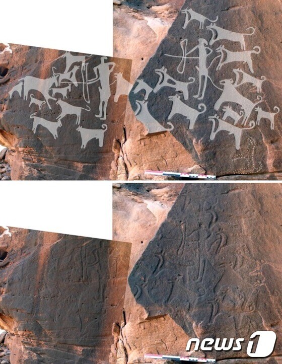 목줄을 착용한 개와 사냥꾼의 모습이 담긴 암각화. 밑에 사진은 암각화 원형. (사진 Maria Guagnin/인류학적 고고학 저널)© News1
