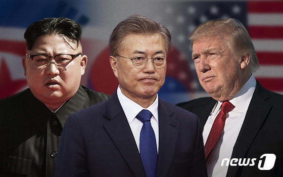 김정은 북한 국무위원장(왼쪽), 문재인 대통령, 도널드 트럼프 미국 대통령. 2019.06.17.© News1 DB