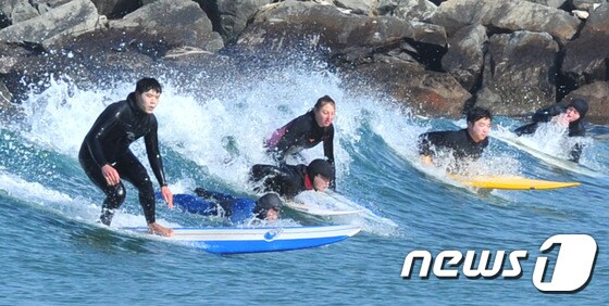 전국에서 모여든 서퍼들이 북구 흥해읍 용한리 해수욕장에서 파도를 타고 있다. /뉴스1 © News1 최창호 기자