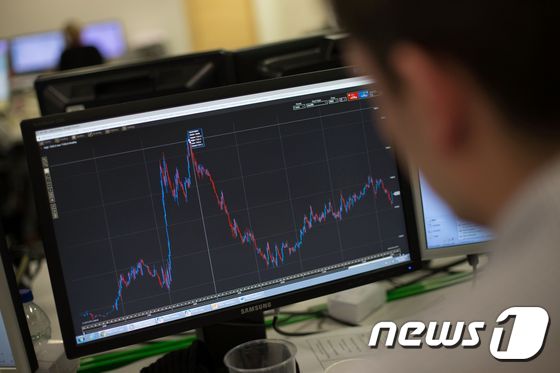 영국 런던의 한 금융회사에서 직원이 FTSE 100지수를 들여다 보고 있다. © AFP=뉴스1