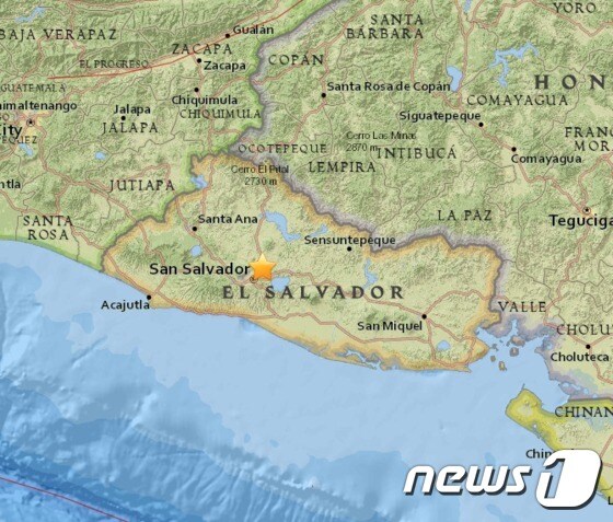 중남미 엘살바도르 수도 산살바도르 인근에서 10일(현지시간) 규모 5.1의 지진이 발생했다. (미국 지질조사국(USGS) 캡처) © News1