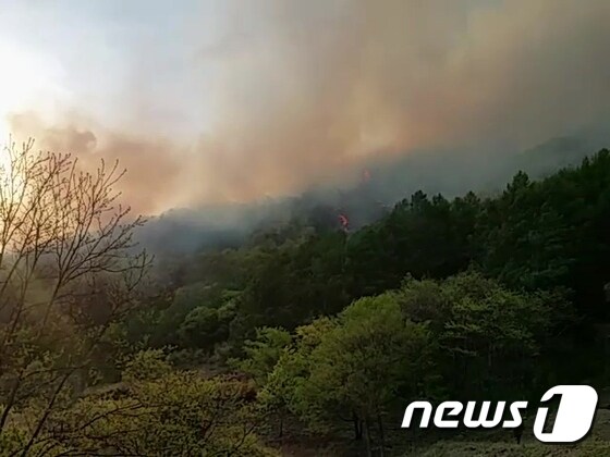 26일 오후 5시15분쯤 충북 괴산군 검승리 성불산에서 화재가 발생해 3시간 넘게 진화작업이 이뤄지고 있다.© News1