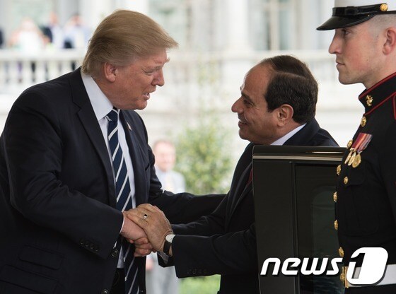도널드 트럼프 미국 대통령이 지난 7월 3일 (현지시간) 워싱턴 백악관에서 압델 파타 엘시시 이집트 대통령과 만나 악수하고 있다. © AFP=뉴스1 