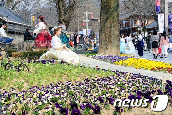 전북 전주시 한옥마을을 찾은 관광객들이 따뜻한 봄날씨를 즐기고 있다.뉴스1 © News1
