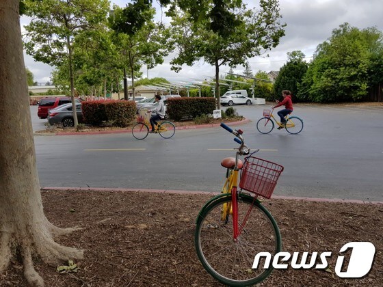 구글 본사 곳곳에 구비된 자전거. 어느 곳에서 세워놔도 무방하지만, 누군가 타고 갈 수 있다. © News1