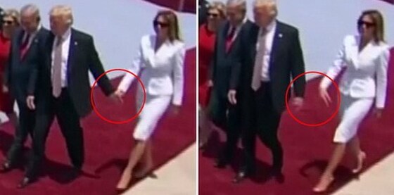 지난 22일 이스라엘에 도착한 도널드 트럼프 대통령 부부. 앞서 나가던 트럼프 대통령은 멜라니아 여사를 향해 손을 뒤로 뻗었지만, 멜라니아 여사는 이를 뿌리치고 있다. (출처:트위터)