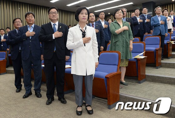 추미애 더불어민주당 대표가 28일 오후 서울 여의도 국회에서 열린 국회의원 워크숍에서 의원들과 함께 국민의례를 하고 있다. 2017.5.28/뉴스1 © News1 박세연 기자