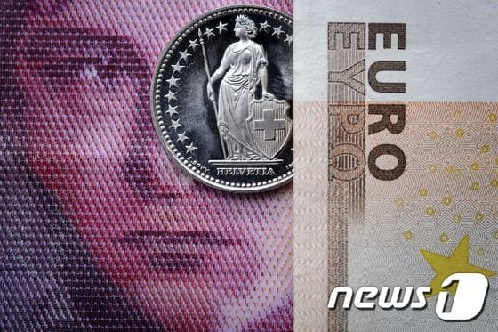 스위스프랑 동전과 유로 지폐. © AFP=뉴스1