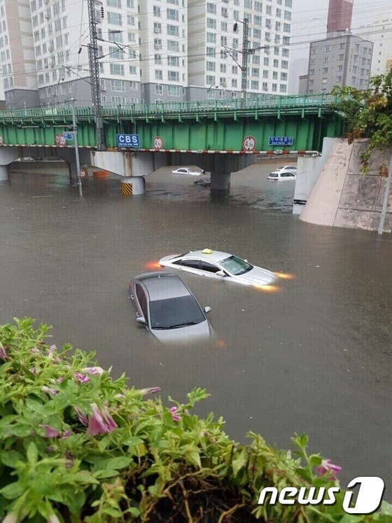 호우경보가 내려진 11일 오전 부산 부산진구 가야동 인근의 도로가 쏟아진 폭우로 인해 침수돼 차량이 통제되고 있다. (독자 양광민씨 제공) 2017.9.11/뉴스1 © News1 여주연 기자