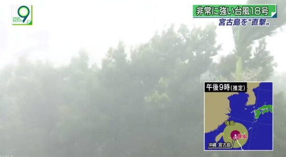 태풍 '탈림'이 일본 남부로 접근하면서 13일 오키나와현 미야코섬에 강한 비바람이 불고 있다. (출처:nhk)