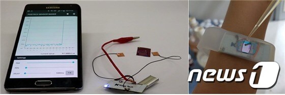 암페타민 계열 마약 검출용 무선 센서의 구성 사진(왼쪽), 스마트밴드 타입으로 제작된 휴대용 센서© News1