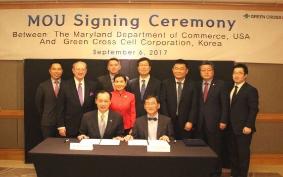 (맨 앞줄 왼쪽부터) 메릴랜드 상무부 Benjamin Wu 차관, 녹십자셀 이득주 대표 © News1