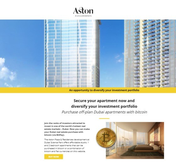 두바이에 건설하는 애스턴 플라자&레지던스 아파트를 비트코인을 통해 투자할 수 있음을 알리고 있다. © News1(출처: 애스턴 플라자&레지던스 홈페이지)