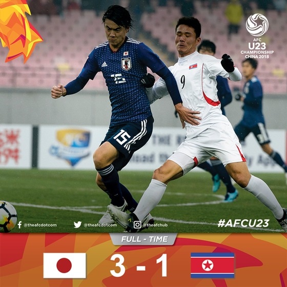 북한 U-23 대표팀은 16일 중국 장닝의 장닝 스포츠센터에서 열린 일본 U-23 대표팀과의 '2018 아시아축구연맴(AFC) U-23 챔피언십' B조 최종 3차전에서 1-3 완패를 당했다. (AFC 페이스북 캡처) © News1